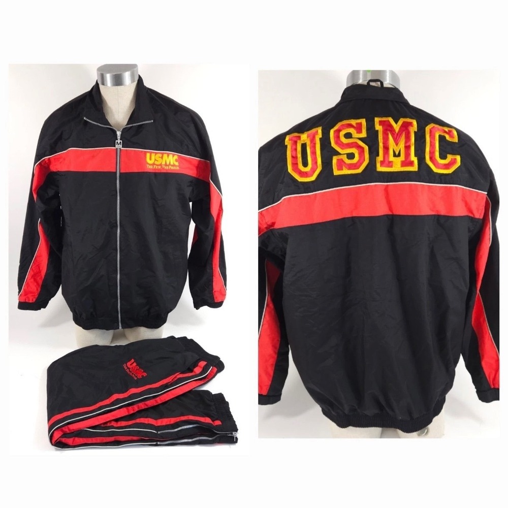 USMC Marine Corps Track Suit Mens L Black Red Nylon Windbreaker Jacket Pants Set
